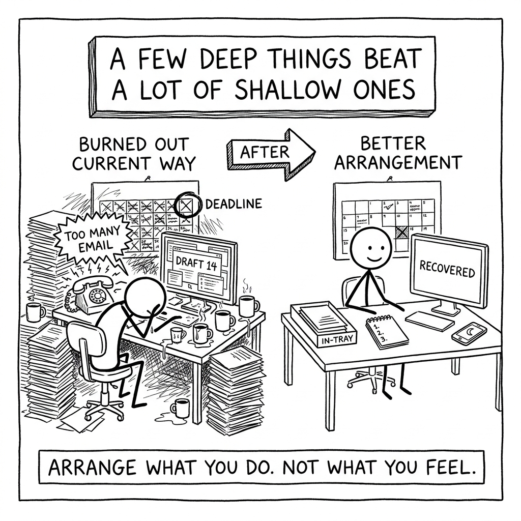 A black-and-white cartoon: a side-by-side before-and-after of two desks. Left desk labeled BURNED OUT CURRENT WAY with a tired creator buried under deadline paperwork. Right desk labeled BETTER ARRANGEMENT with the same creator smiling calmly at a clean numbered list. Caption: A few deep things beat a lot of shallow ones.