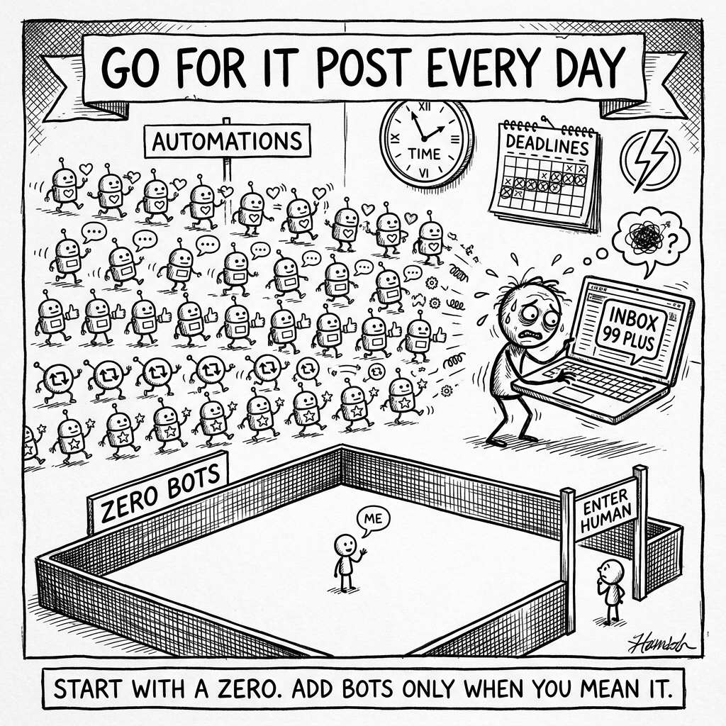 A black-and-white cartoon: rows of round little robots with antennae march under a banner reading GO FOR IT POST EVERY DAY while a stressed creator with a laptop showing INBOX 99 PLUS looks on. A small fenced lot labeled ZERO BOTS holds a single shy stick figure waving me. Caption: start with a zero. add bots only when you mean it.
