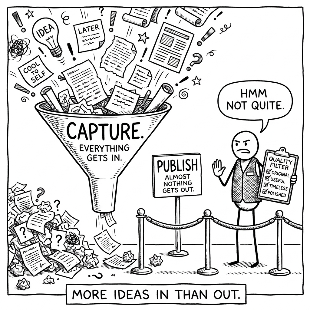 A black-and-white cartoon: a giant funnel labeled CAPTURE with the subtitle everything gets in is fed a chaotic rain of lightbulbs, sticky notes, and papers. At the spout a thin trickle slips past a velvet rope guarded by a bouncer with a quality-filter clipboard who shrugs and says Hmm not quite. Caption: more ideas in than out.