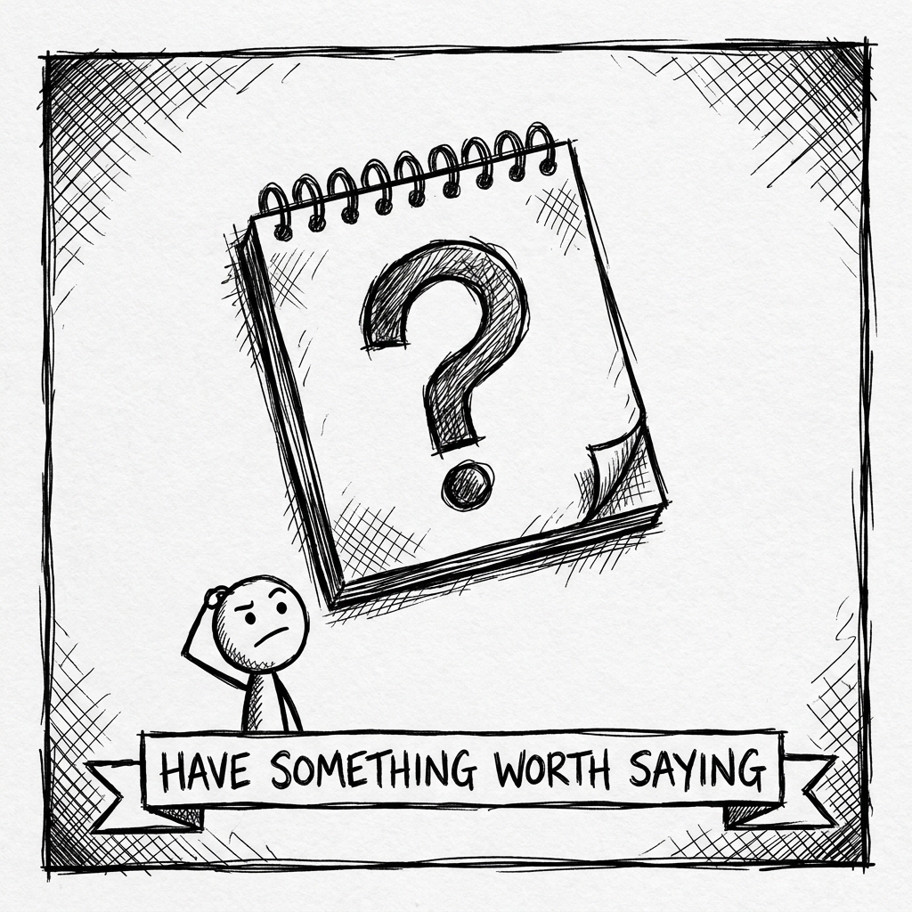 A small stick figure puzzled by a notebook page with a single question mark on it. Caption: have something worth saying.