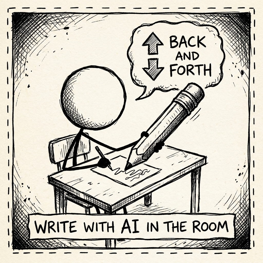 A stick figure at a desk writing with a giant pencil. A speech bubble says BACK AND FORTH. Caption: write with AI in the room.