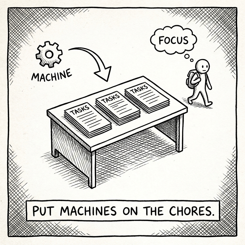 A desk labeled TASKS with a gear icon labeled MACHINE on the side and an arrow sweeping down. A small stick figure walks off to focus. Caption: put machines on the chores.