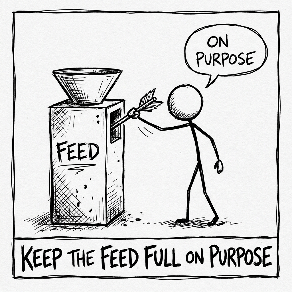 A square feed chute labeled FEED. A stick figure pulls an arrow out of it on purpose. Caption: keep the feed full on purpose.