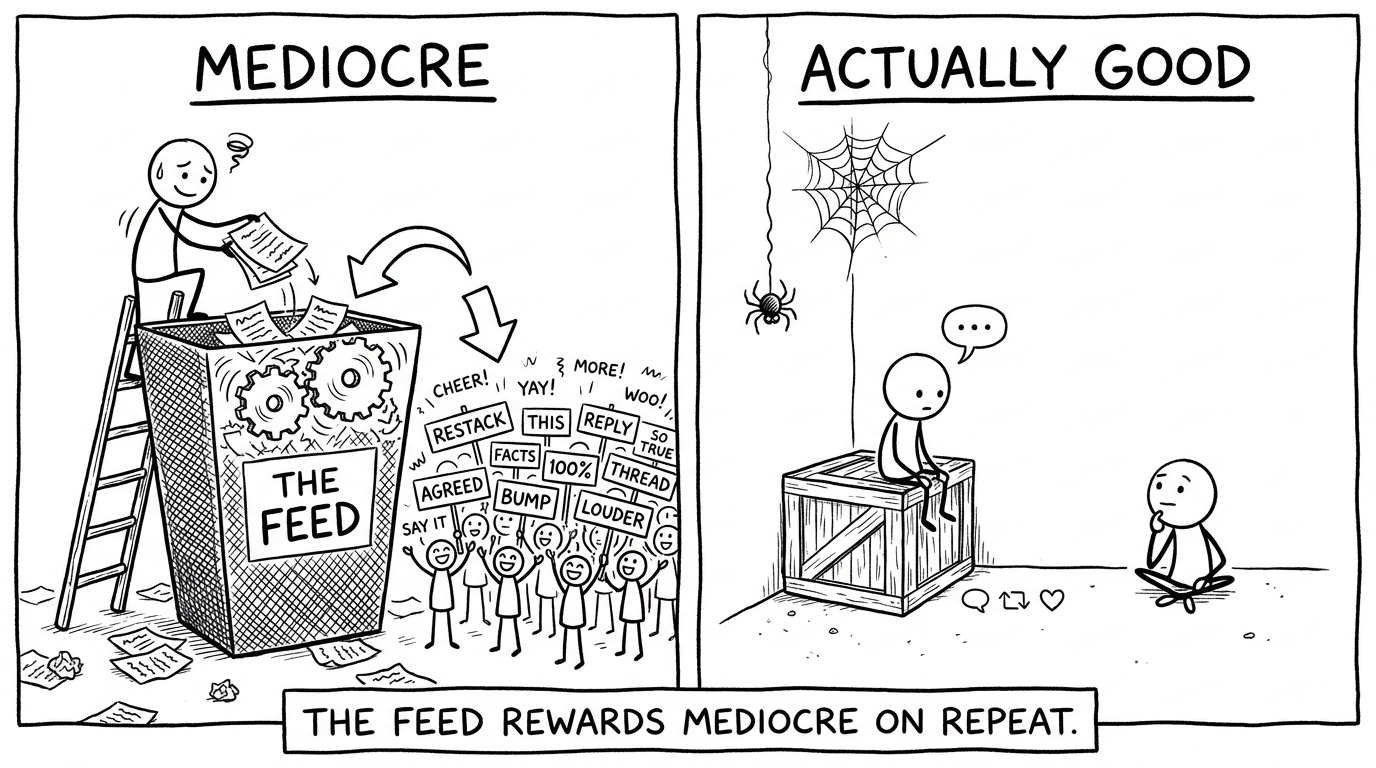 A two-panel black-and-white cartoon: left, a tired creator on a ladder drops papers into a bin labeled THE FEED while a crowd cheers with signs like RESTACK and THIS; right, a single small stick figure sits alone on a box in a quiet corner with a spider in a cobweb. Caption: The feed rewards mediocre on repeat.