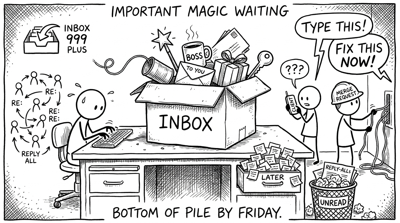 A black-and-white cartoon: an overcrowded inbox on a desk labeled INBOX 999 PLUS brims with envelopes, a gift, a wand, and a coffee mug while three stick figures around the desk react with frustration, sweating over emails and yelling TYPE THIS FIX THIS NOW. Caption: bottom of pile by friday.