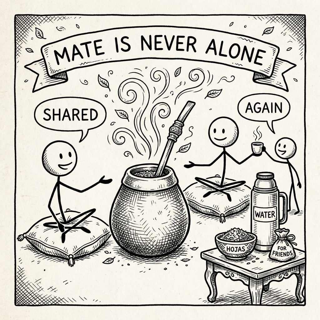 A black-and-white cartoon: a mate gourd with a metal straw sits centered while two stick figures on cushions share it. Speech bubbles read SHARED and AGAIN. A small table beside them has a thermos labeled WATER, a bowl of loose yerba labeled HOJAS, and a tiny bag labeled FOR FRIENDS. Banner: mate is never alone.