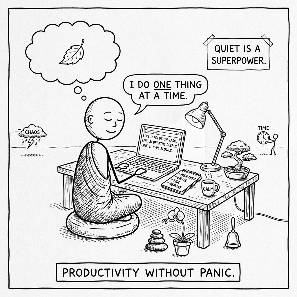 A black-and-white cartoon: a stick figure in a robe sits cross-legged at a wooden desk on a meditation cushion with eyes closed and a peaceful smile. The laptop screen reads FOCUS ON TASK, BREATHE DEEPLY, TYPE SLOWLY. Caption: Productivity without panic.