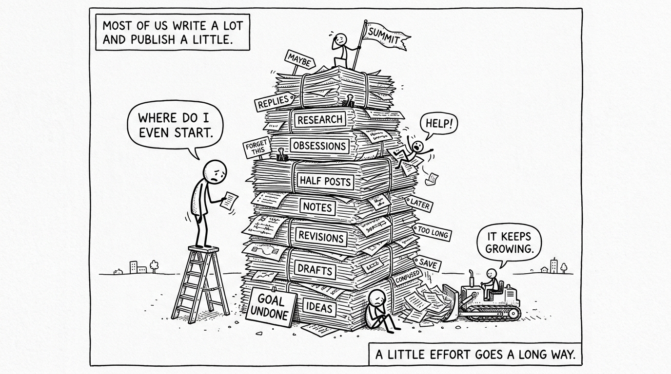 A black-and-white cartoon: a towering stack of papers with labels including IDEAS, DRAFTS, REVISIONS, NOTES, HALF POSTS, OBSESSIONS, RESEARCH. A stick figure on a ladder looks up at it overwhelmed while another operates a small bulldozer feeding it MORE. Caption: most of us write a lot and publish a little.