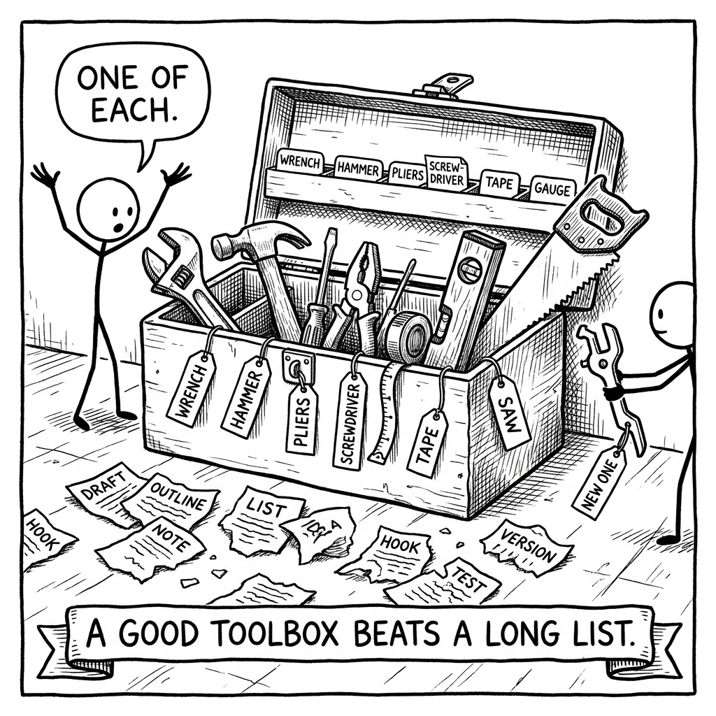 A black-and-white cartoon: an open toolbox in the center, lid raised, compartments labeled WRENCH, HAMMER, PLIERS, SCREWDRIVER, TAPE, GAUGE. Tools stick up: a wrench, a hammer, pliers, a screwdriver, a measuring tape, a saw with crosshatched teeth. A stick figure on the left raises both arms with a speech bubble saying ONE OF EACH. Caption: A good toolbox beats a long list.