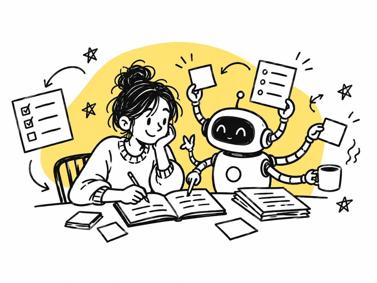 Hand-drawn doodle of a smiling writer working in a notebook at a desk while a cheerful many-armed helper juggles checklists, sticky notes and a coffee mug beside her.